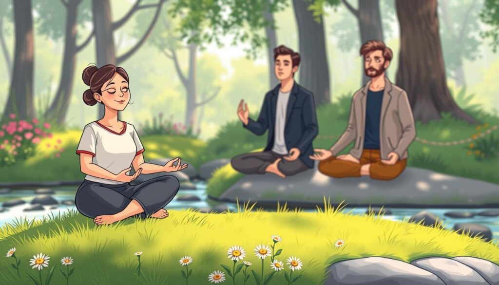 A serene and tranquil scene depicting mindfulness, showcasing a diverse group of individuals practicing meditation in a peaceful outdoor setting. In the foreground, a woman in modest casual attire sits cross-legged on a lush green grass patch, her hands resting on her knees with a focused expression. In the middle, two men engaging in mindful breathing, one wearing business casual and the other in comfortable clothing, are surrounded by soft, colorful wildflowers. The background features a gentle flowing stream and tall trees, dappled sunlight filtering through the leaves. The atmosphere is calm and uplifting, inviting a sense of emotional growth and connection. Use natural lighting to emphasize warmth, with a shallow depth of field to bring focus to the individuals. --ar 16:9 --v 5 --q 2 --style 4b --nextself.ai