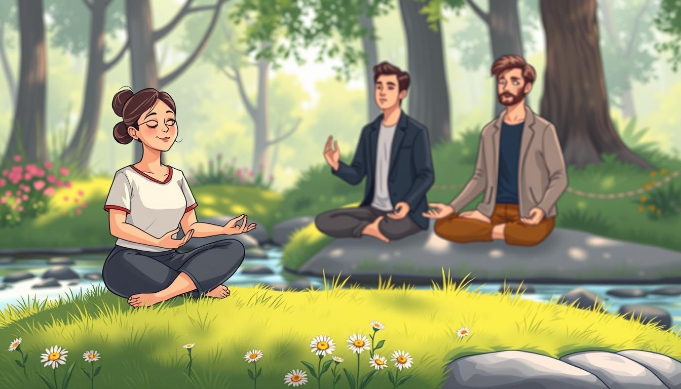 A diverse group practising mindfulness together outdoors