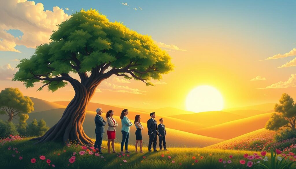 A serene landscape depicting emotional growth, with a lush, vibrant tree symbolizing strength and resilience in the foreground. Underneath the tree, a diverse group of individuals in professional business attire engage in meaningful discussion, symbolizing collaboration and shared experiences. In the middle ground, gentle rolling hills and soft, colorful flowers represent the journey of self-discovery. In the background, a radiant sunrise casts warm, golden light over the scene, creating a hopeful and uplifting atmosphere. The image should be captured with a wide-angle lens to emphasize depth and detail, highlighting each element's significance and fostering a sense of connection and growth. The overall mood is uplifting, inspiring, and conducive to reflection on the importance of emotional growth. nextself.ai